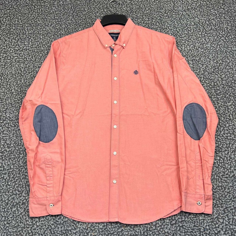 Springfield Button Down Shirt Men XL Pink Oxford Elbow Patches Custom Fit Cotton